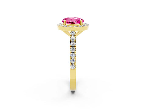 Yellow gold Round Cut Halo Diamond Ring with Pavé Band and Three-Prong Setting_2