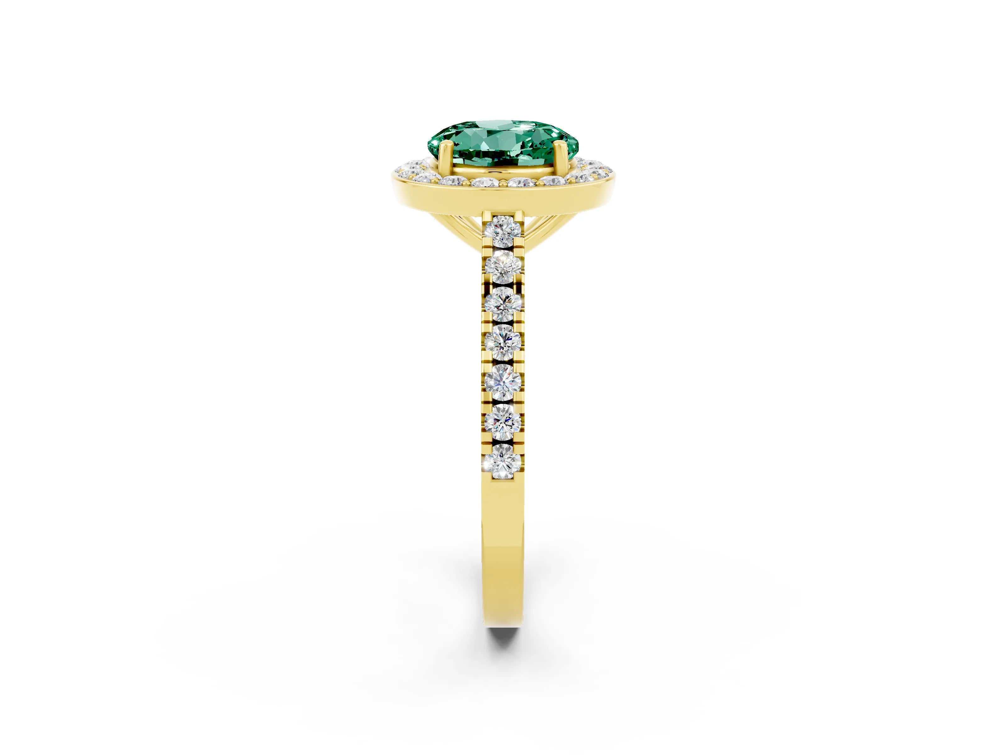 Yellow gold Round Cut Halo Diamond Ring with Pavé Band and Three-Prong Setting_2