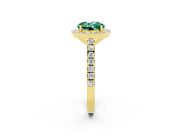 Yellow gold Round Cut Green Sapphire Halo Ring with Round Pavé Split Shank and Prong Setting