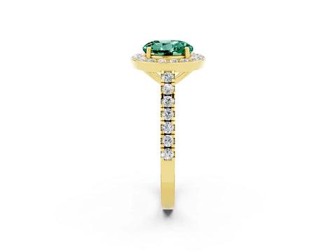 Yellow gold Round Cut Halo Diamond Ring with Pavé Band and Three-Prong Setting_2