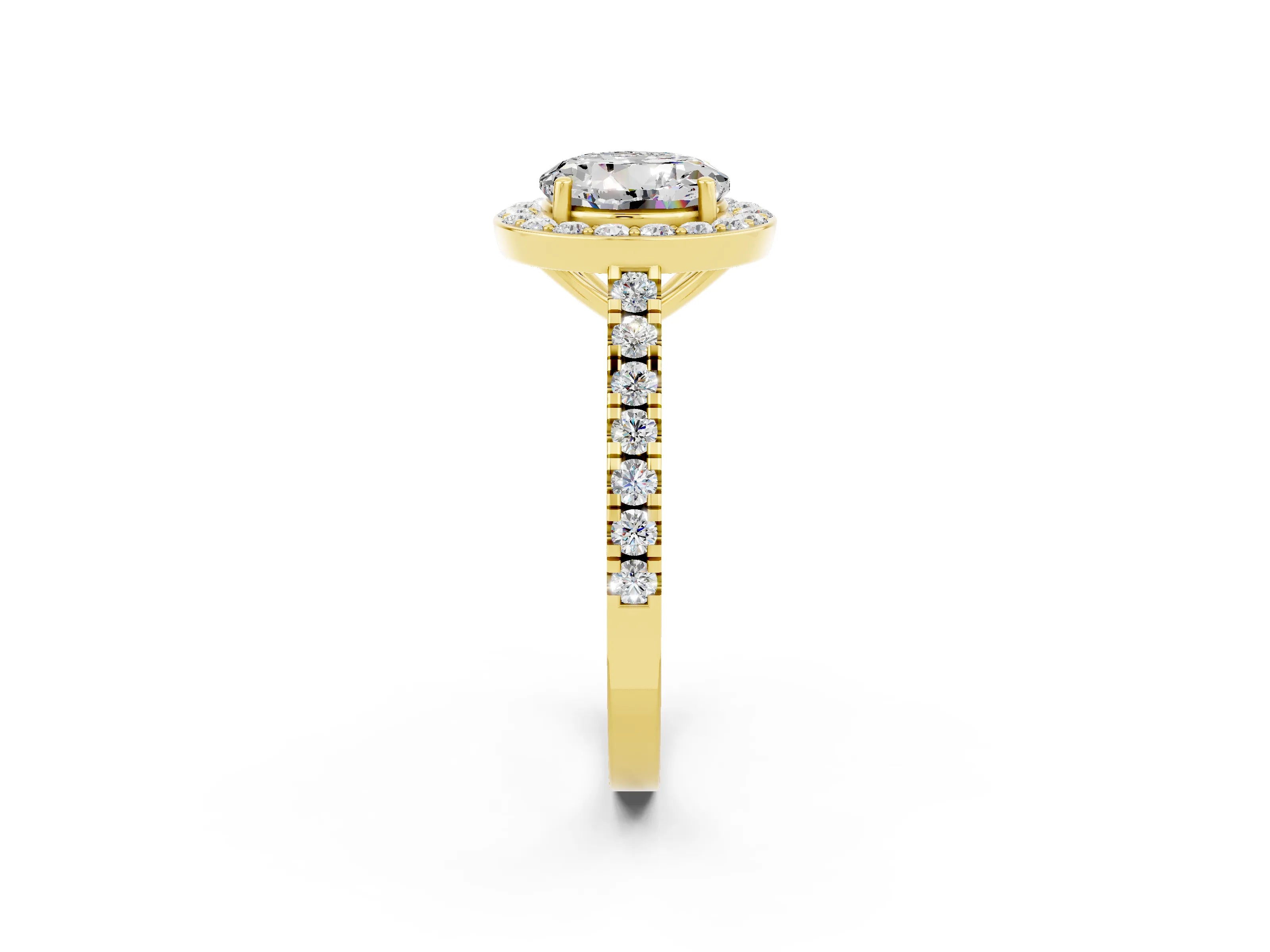 Yellow gold Round Cut Halo Diamond Ring with Pavé Band and Three-Prong Setting_2
