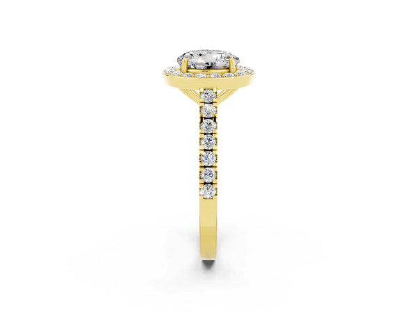 Yellow gold Round Cut Moissanite Halo Ring with Round Pavé Split Shank and Prong Setting