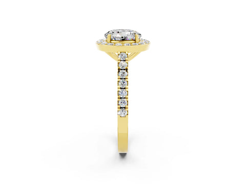 Yellow gold Round Cut Halo Diamond Ring with Pavé Band and Three-Prong Setting_2