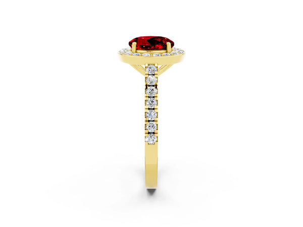Yellow gold Round Cut Ruby Halo Ring with Round Pavé Split Shank and Prong Setting