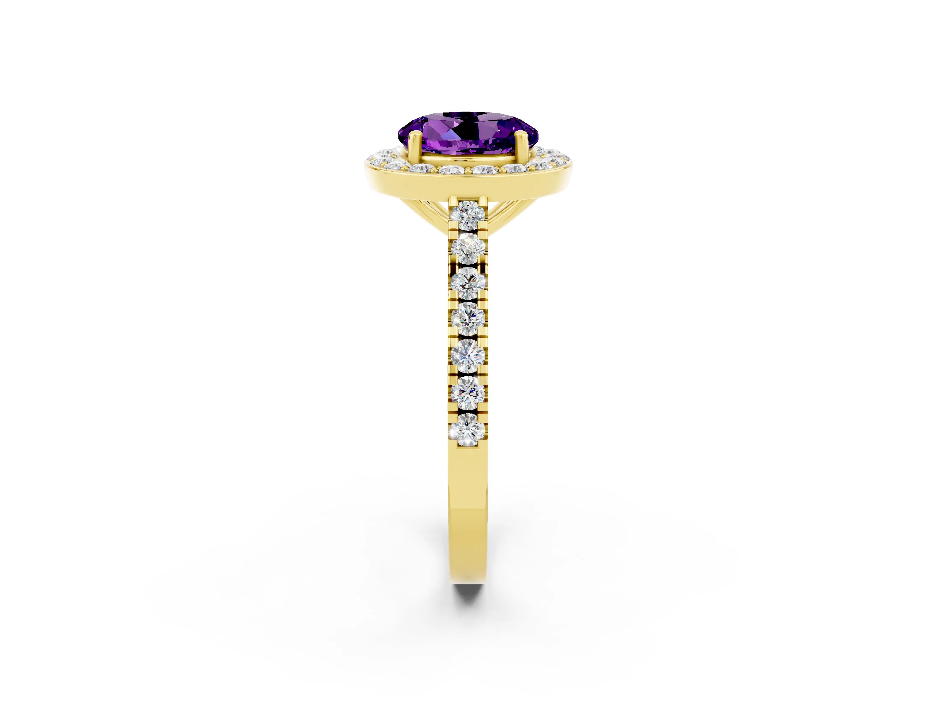 Yellow gold Round Cut Halo Diamond Ring with Pavé Band and Three-Prong Setting_2