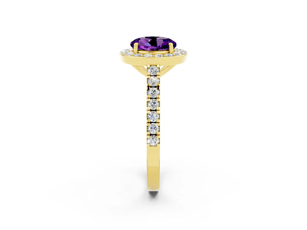 Yellow gold Round Cut Amethyst Halo Ring with Round Pavé Split Shank and Prong Setting