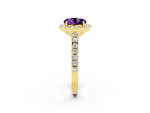 Yellow gold Round Cut Halo Diamond Ring with Pavé Band and Three-Prong Setting_2
