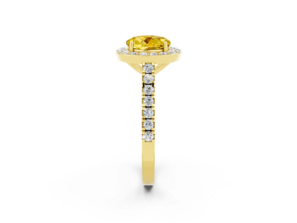 Yellow gold Round Cut Yellow Sapphire Halo Ring with Round Pavé Split Shank and Prong Setting