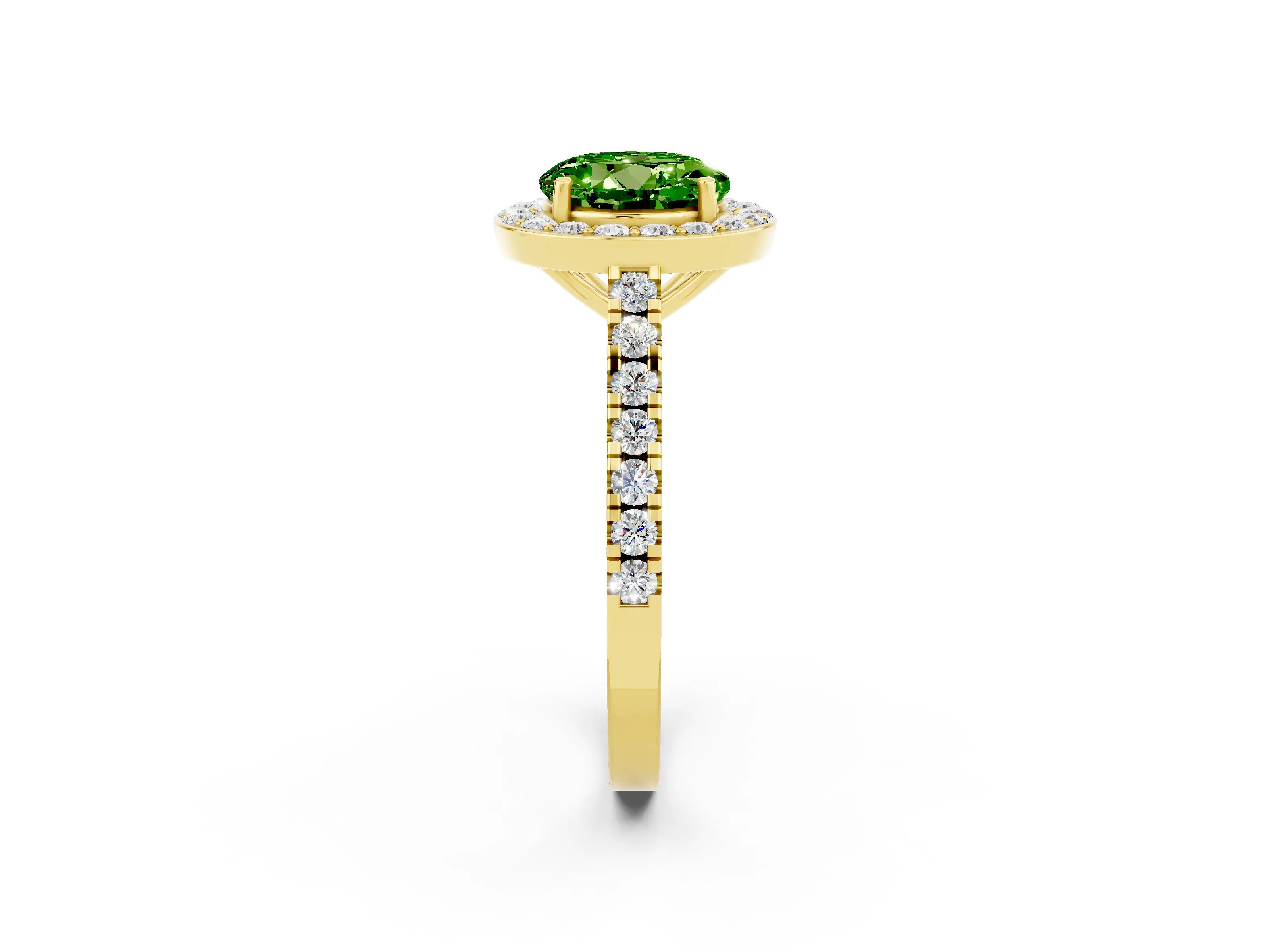 Yellow gold Round Cut Halo Diamond Ring with Pavé Band and Three-Prong Setting_2