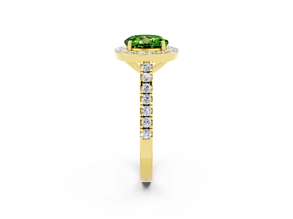Yellow gold Round Cut Halo Diamond Ring with Pavé Band and Three-Prong Setting