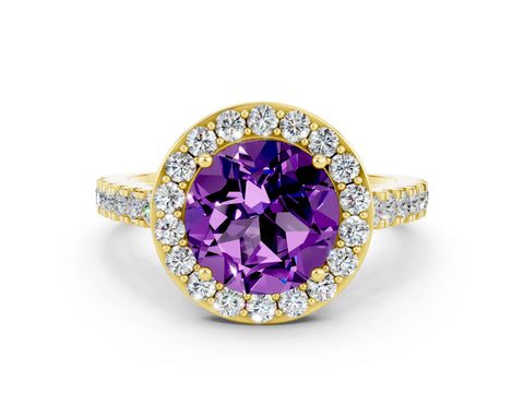 Yellow gold Round Cut Halo Diamond Ring with Pavé Band and Three-Prong Setting