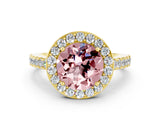 Yellow gold Round Cut Halo Diamond Ring with Pavé Band and Three-Prong Setting