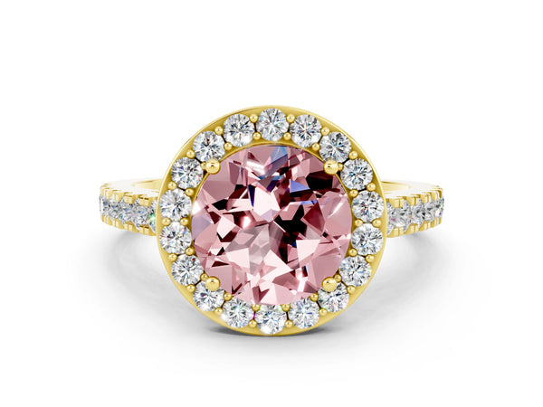 Yellow gold Round Cut Halo Diamond Ring with Pavé Band and Three-Prong Setting