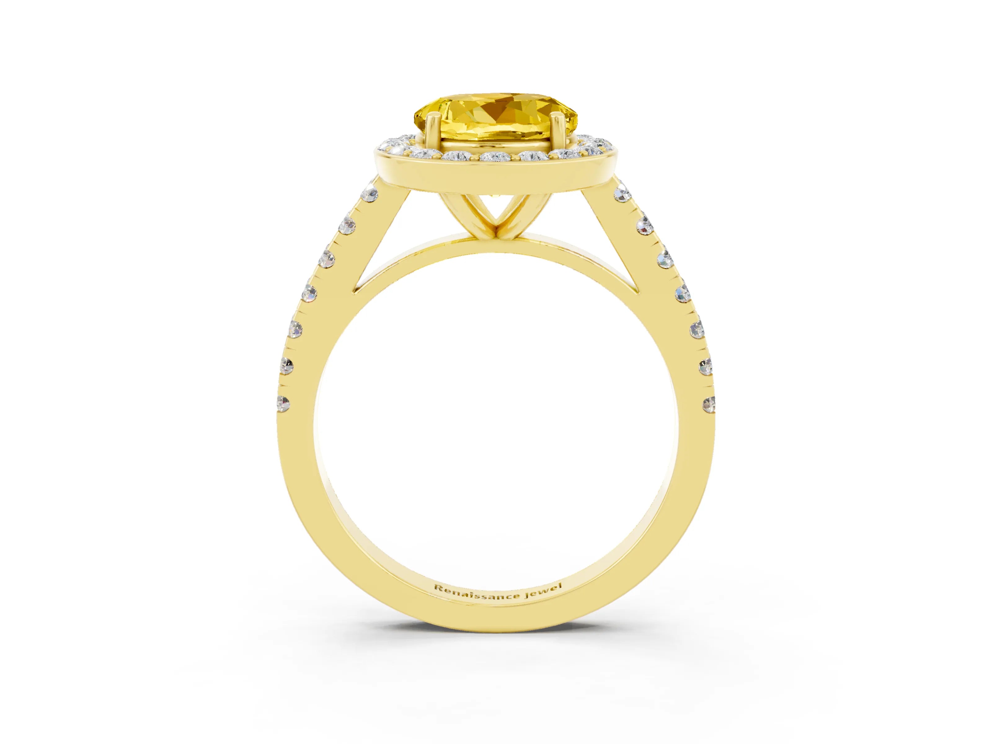 Yellow gold Round Cut Halo Diamond Ring with Pavé Band and Three-Prong Setting_3