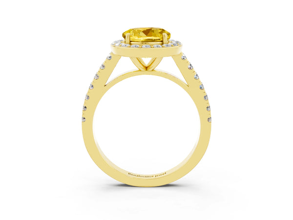 Yellow gold Round Cut Yellow Sapphire Halo Ring with Round Pavé Split Shank and Prong Setting