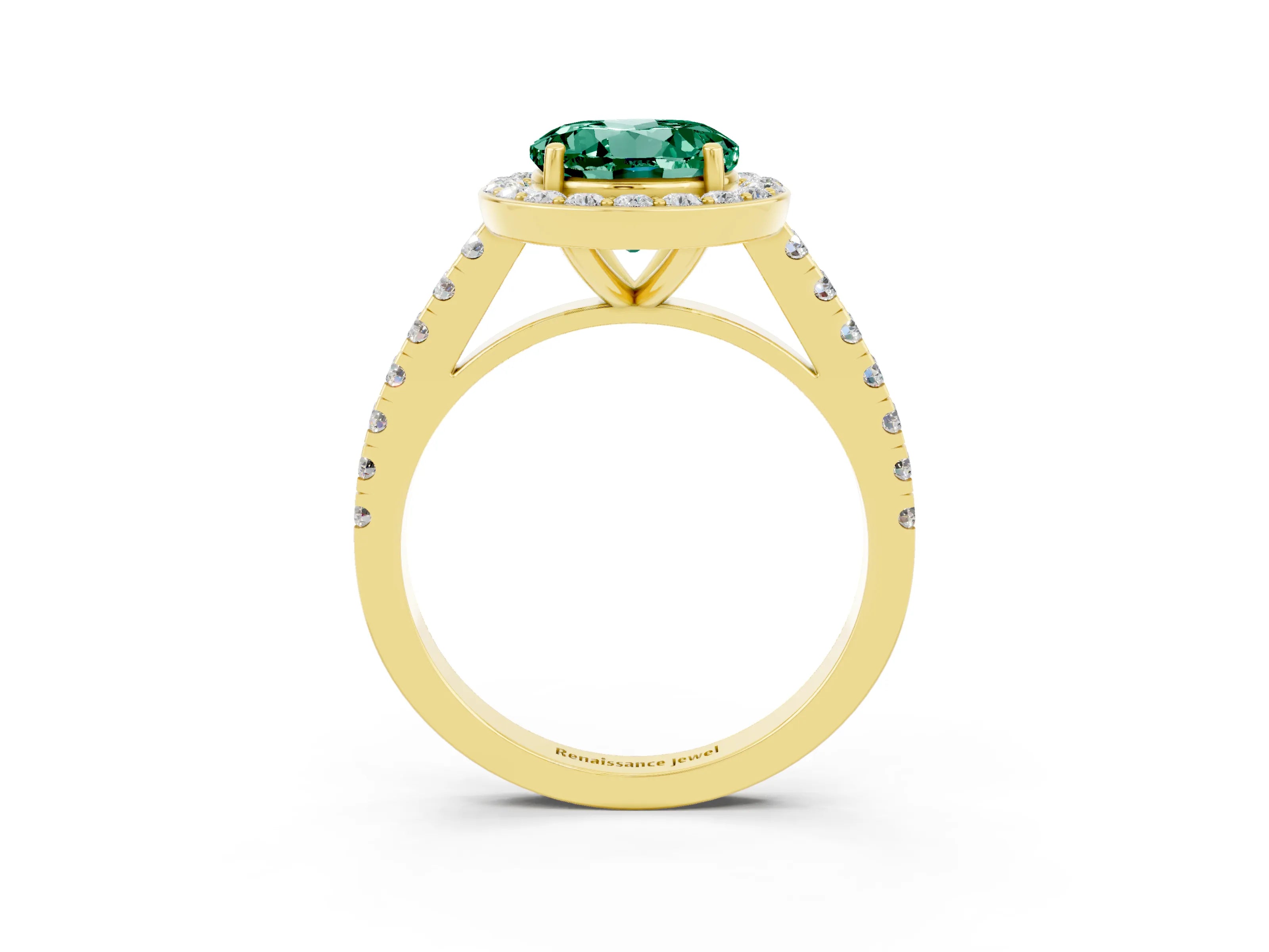 Yellow gold Round Cut Halo Diamond Ring with Pavé Band and Three-Prong Setting_3