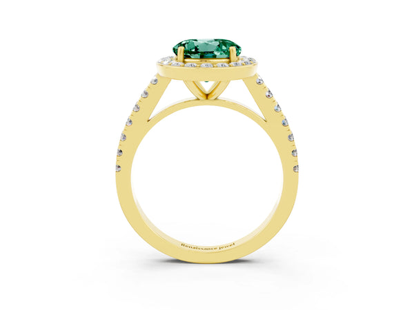 Yellow gold Round Cut Green Sapphire Halo Ring with Round Pavé Split Shank and Prong Setting