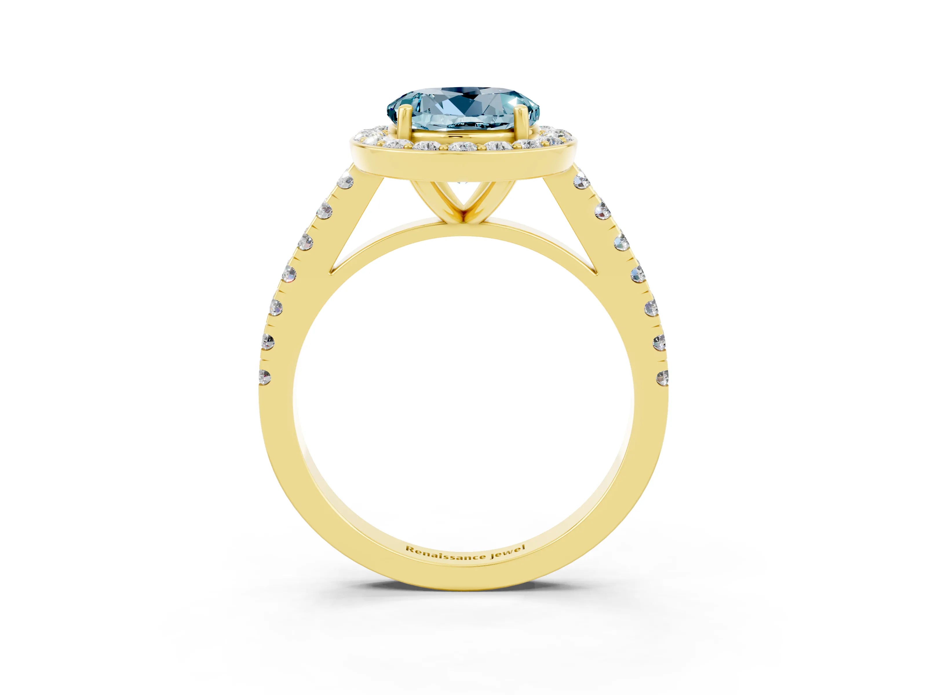 Yellow gold Round Cut Halo Diamond Ring with Pavé Band and Three-Prong Setting_3