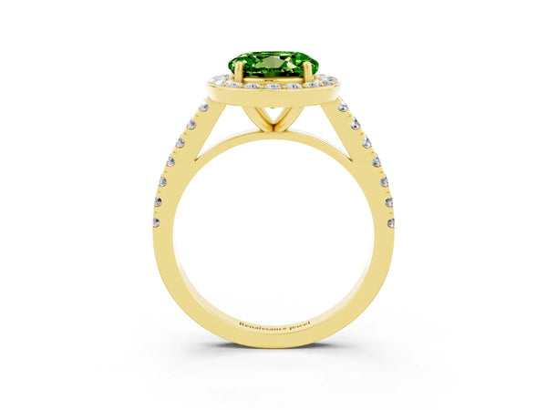 Yellow gold Round Cut Halo Diamond Ring with Pavé Band and Three-Prong Setting