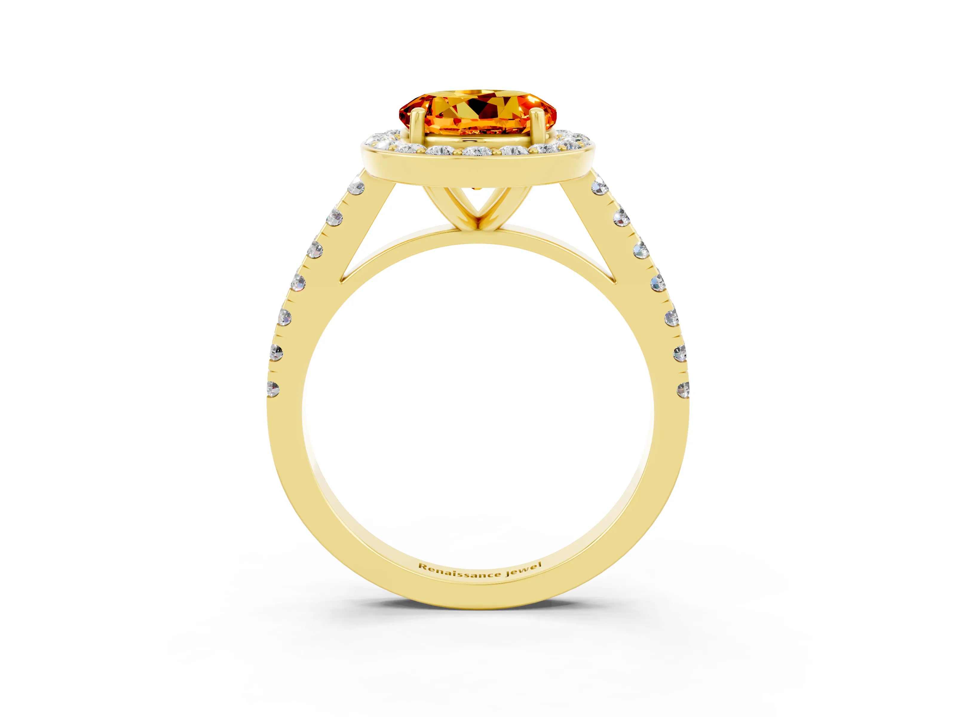 Yellow gold Round Cut Halo Diamond Ring with Pavé Band and Three-Prong Setting_3