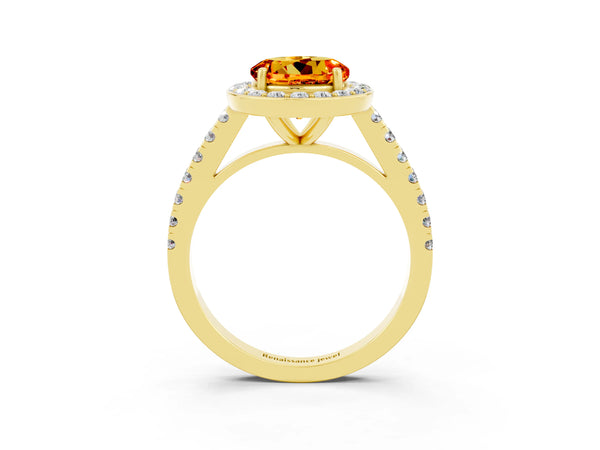 Yellow gold Round Cut Citrine Halo Ring with Round Pavé Split Shank and Prong Setting