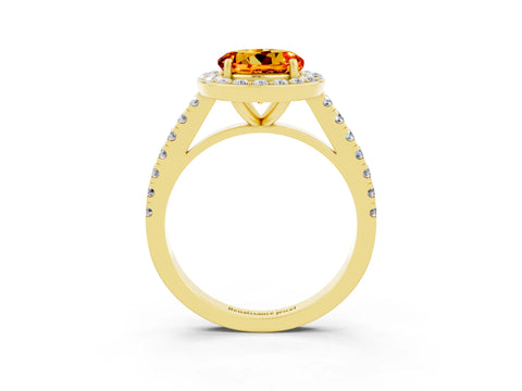 Yellow gold Round Cut Halo Diamond Ring with Pavé Band and Three-Prong Setting_3