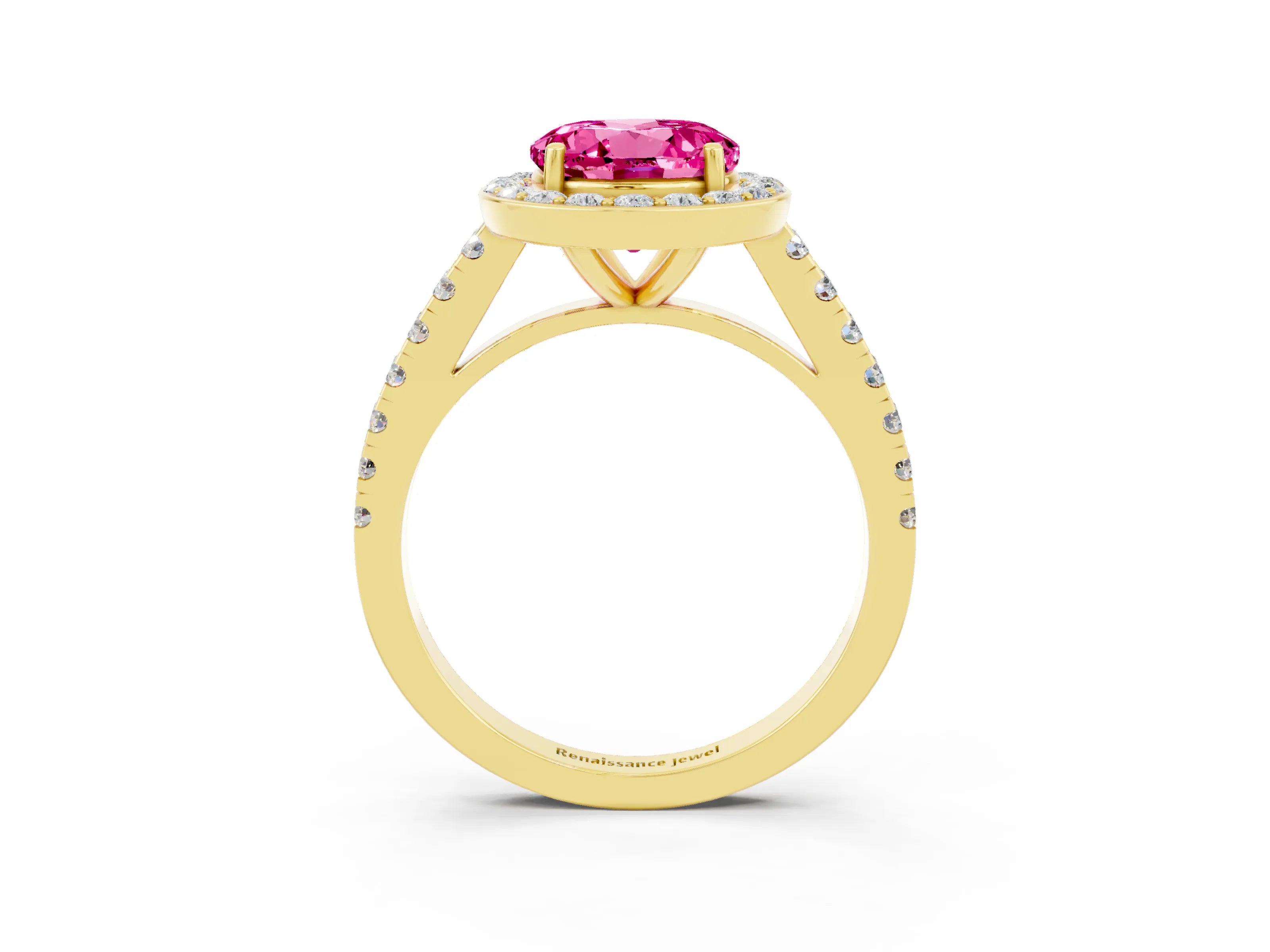 Yellow gold Round Cut Halo Diamond Ring with Pavé Band and Three-Prong Setting_3