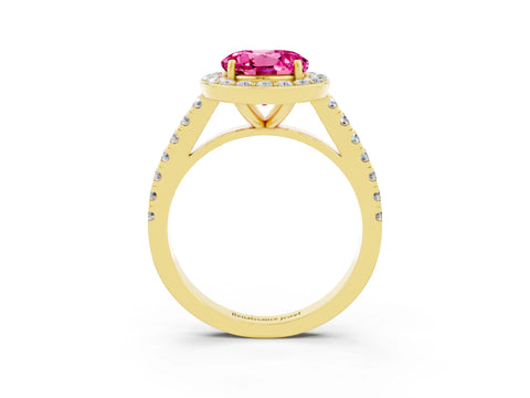 Yellow gold Round Cut Halo Diamond Ring with Pavé Band and Three-Prong Setting_3