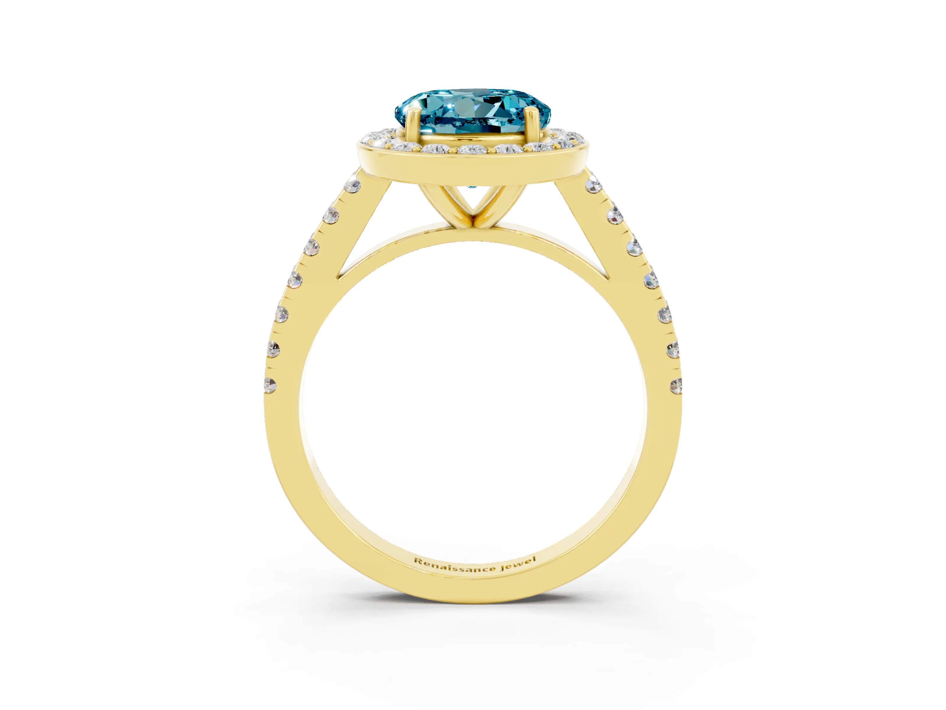 Yellow gold Round Cut Halo Diamond Ring with Pavé Band and Three-Prong Setting_3