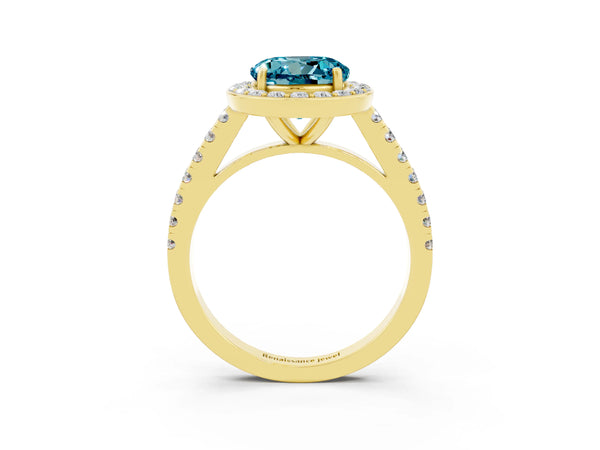 Yellow gold Round Cut Halo Diamond Ring with Pavé Band and Three-Prong Setting