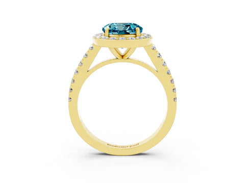 Yellow gold Round Cut Halo Diamond Ring with Pavé Band and Three-Prong Setting_3