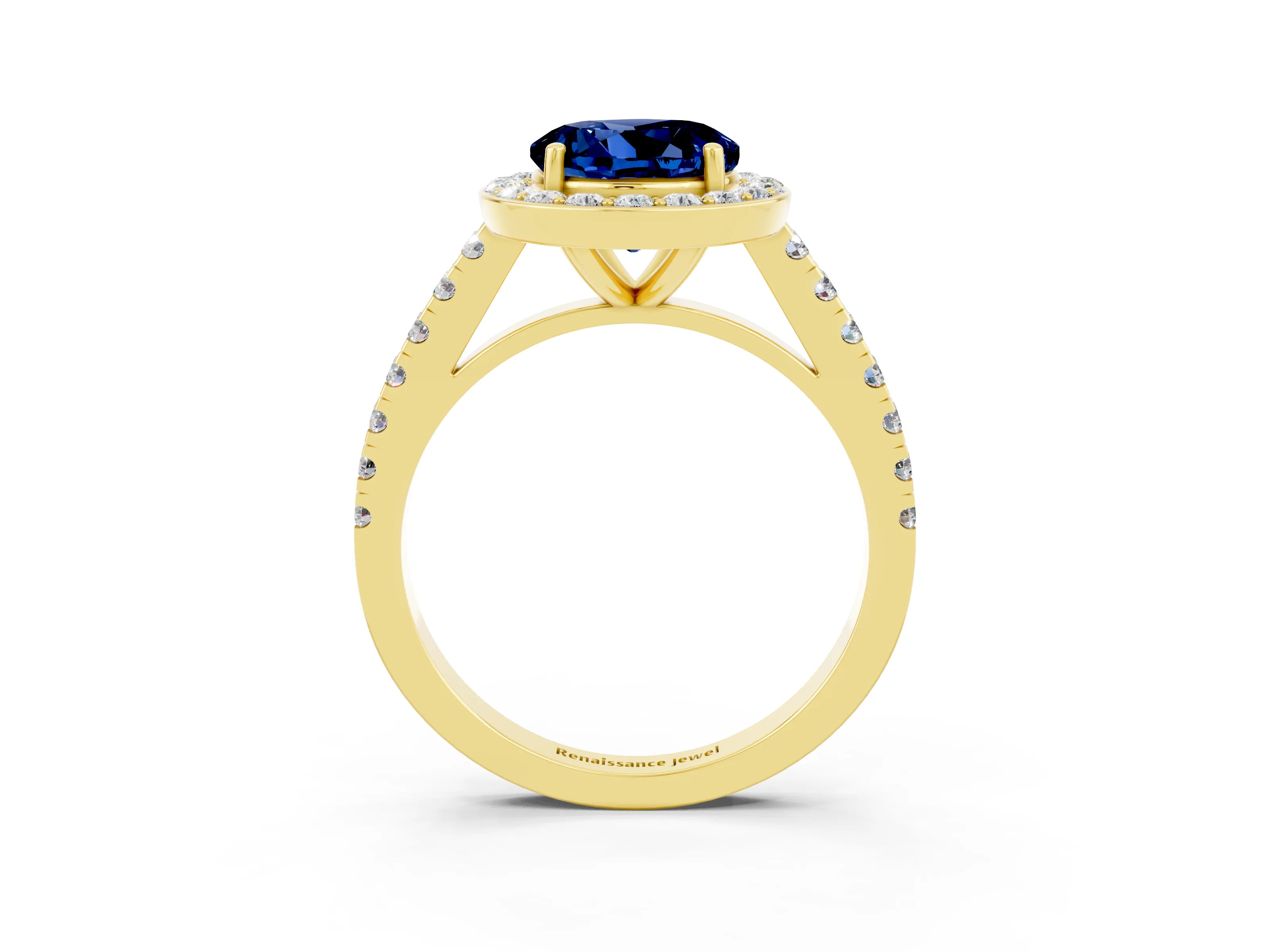 Yellow gold Round Cut Halo Diamond Ring with Pavé Band and Three-Prong Setting_3
