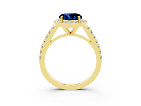 Yellow gold Round Cut Halo Diamond Ring with Pavé Band and Three-Prong Setting_3