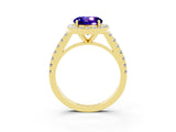 Yellow gold Round Cut Halo Diamond Ring with Pavé Band and Three-Prong Setting_3