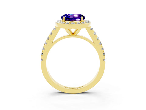 Yellow gold Round Cut Halo Diamond Ring with Pavé Band and Three-Prong Setting_3