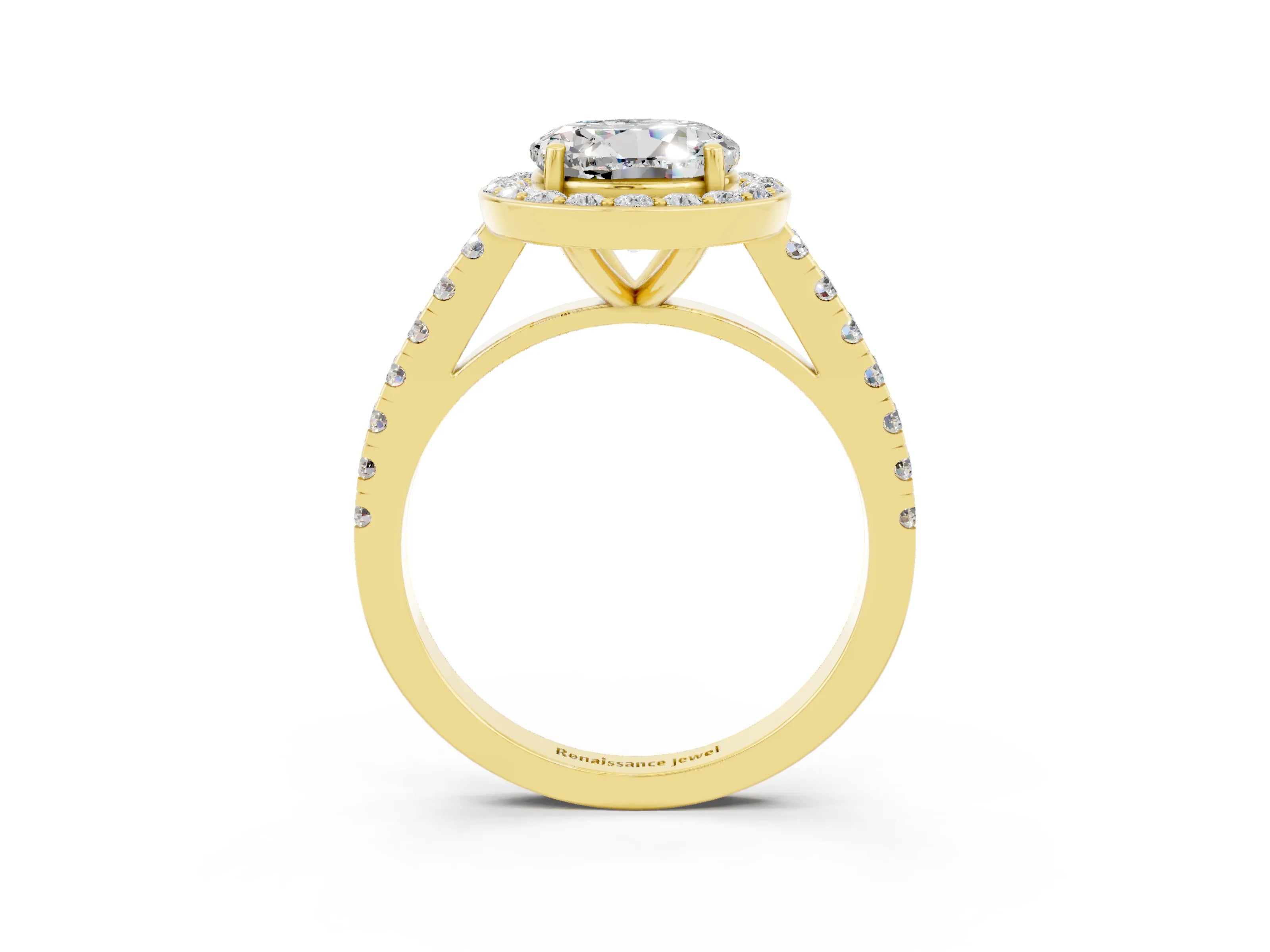 Yellow gold Round Cut Halo Diamond Ring with Pavé Band and Three-Prong Setting_3