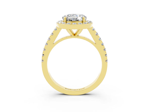 Yellow gold Round Cut Moissanite Halo Ring with Round Pavé Split Shank and Prong Setting