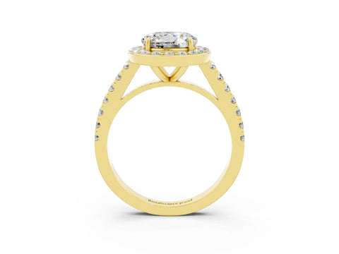 Yellow gold Round Cut Halo Diamond Ring with Pavé Band and Three-Prong Setting_3