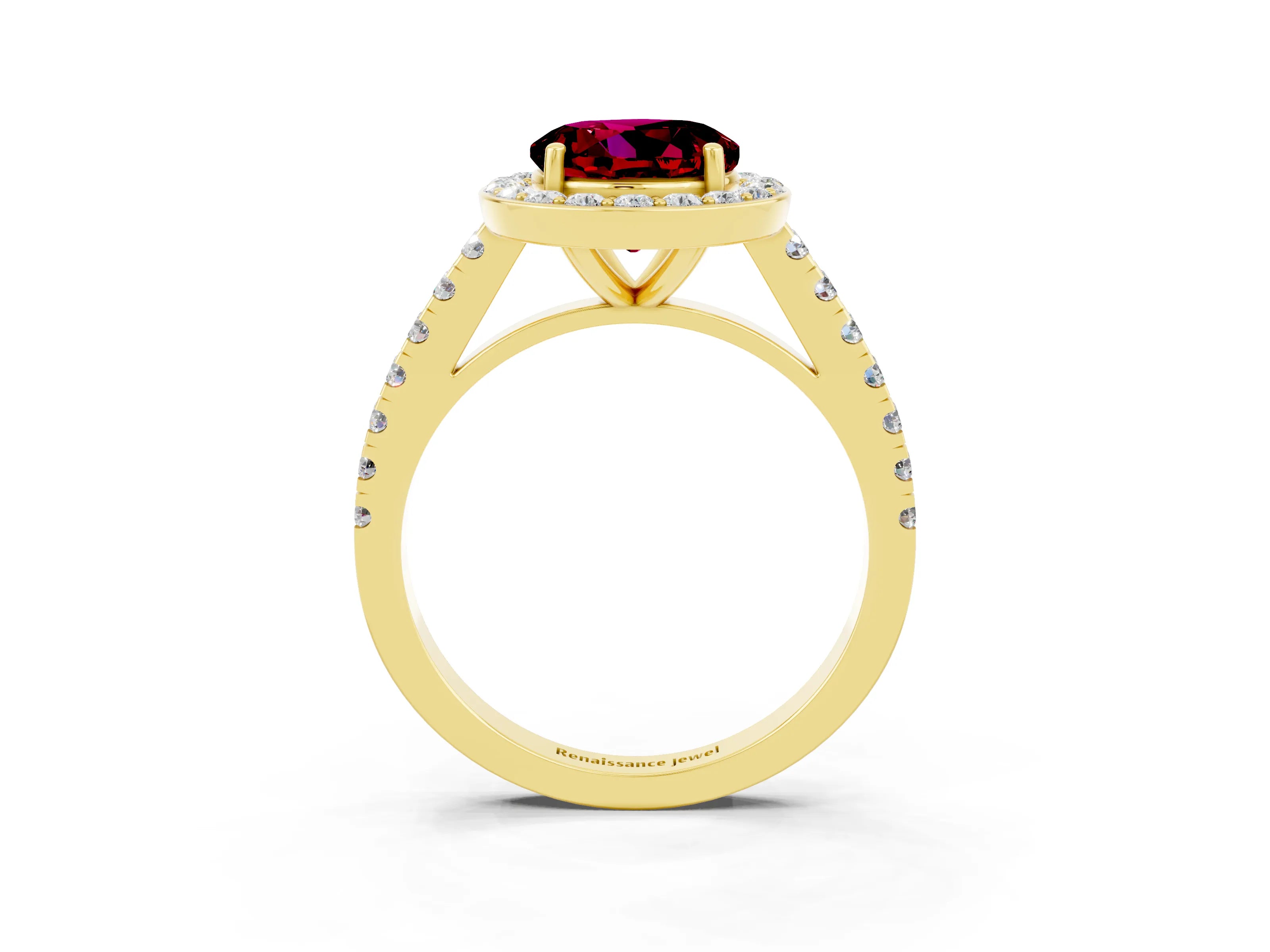 Yellow gold Round Cut Halo Diamond Ring with Pavé Band and Three-Prong Setting_3