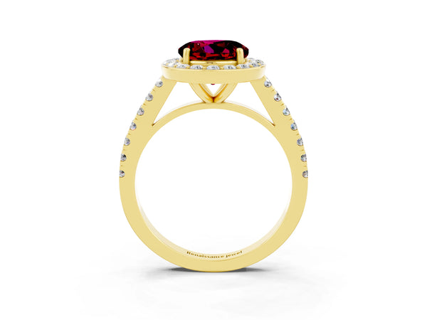 Yellow gold Round Cut Garnet Halo Ring with Round Pavé Split Shank and Prong Setting