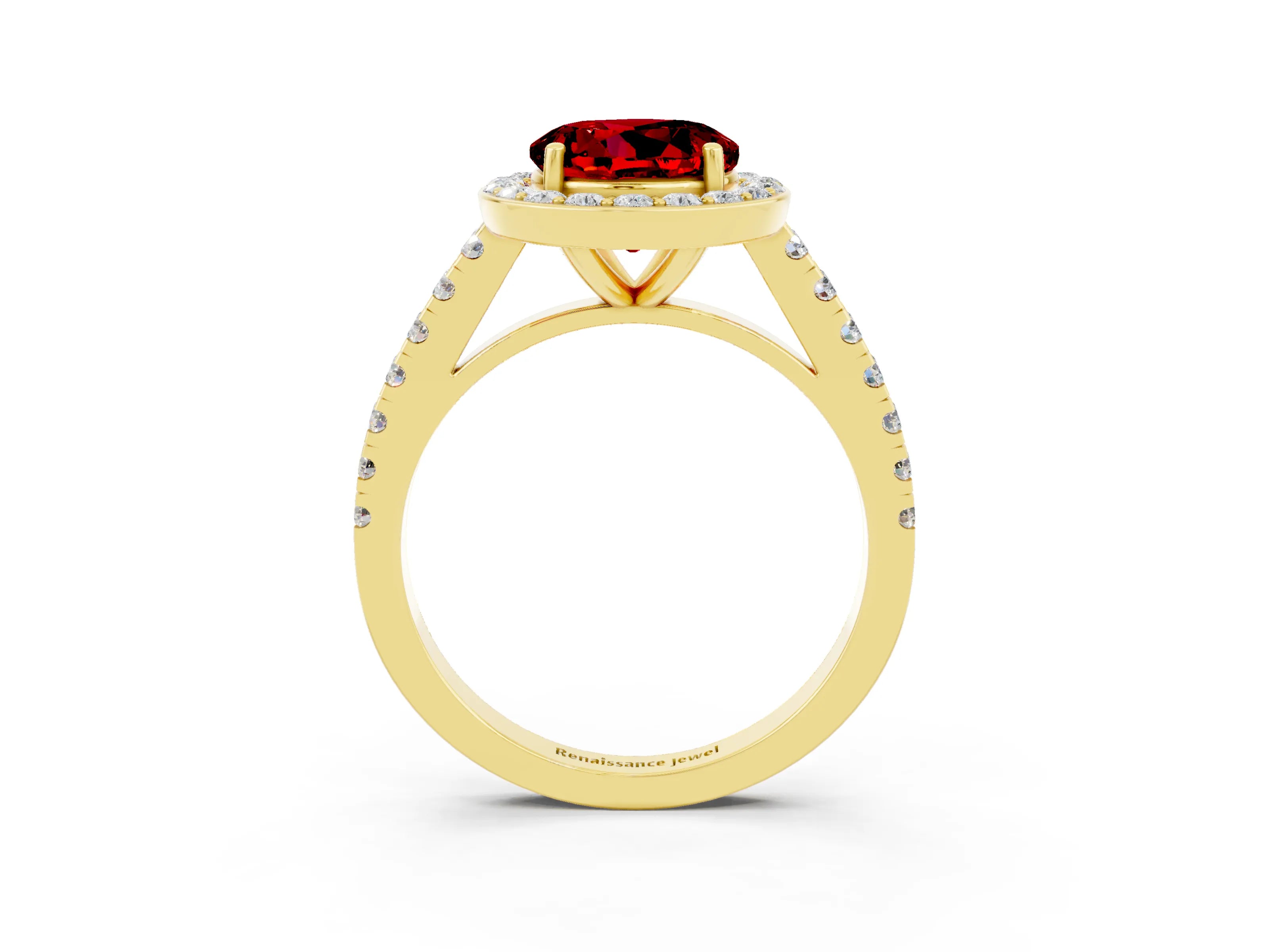 Yellow gold Round Cut Halo Diamond Ring with Pavé Band and Three-Prong Setting_3