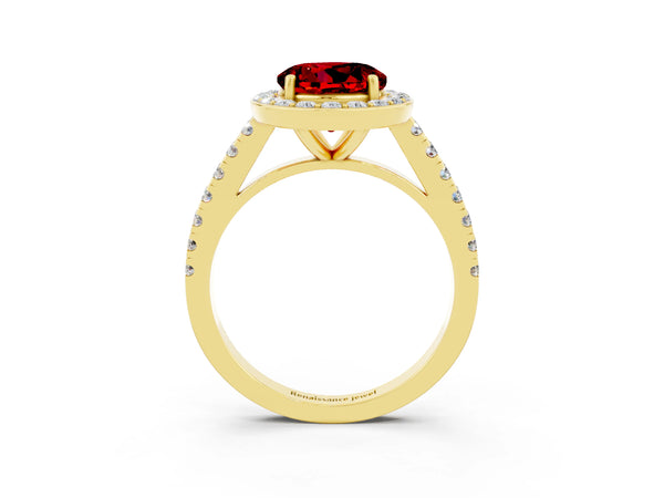 Yellow gold Round Cut Ruby Halo Ring with Round Pavé Split Shank and Prong Setting