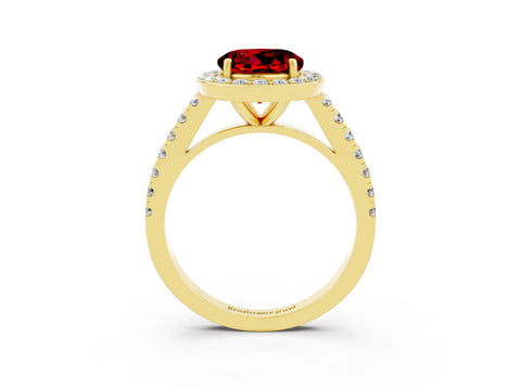 Yellow gold Round Cut Halo Diamond Ring with Pavé Band and Three-Prong Setting_3