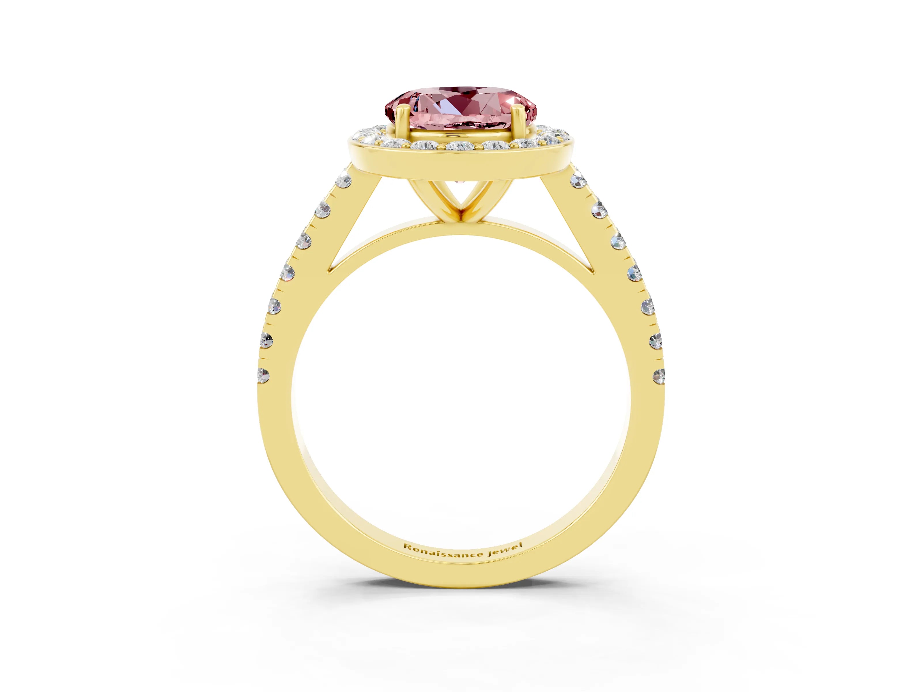 Yellow gold Round Cut Halo Diamond Ring with Pavé Band and Three-Prong Setting_3