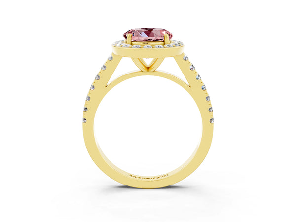 Yellow gold Round Cut Halo Diamond Ring with Pavé Band and Three-Prong Setting