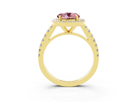 Yellow gold Round Cut Halo Diamond Ring with Pavé Band and Three-Prong Setting_3