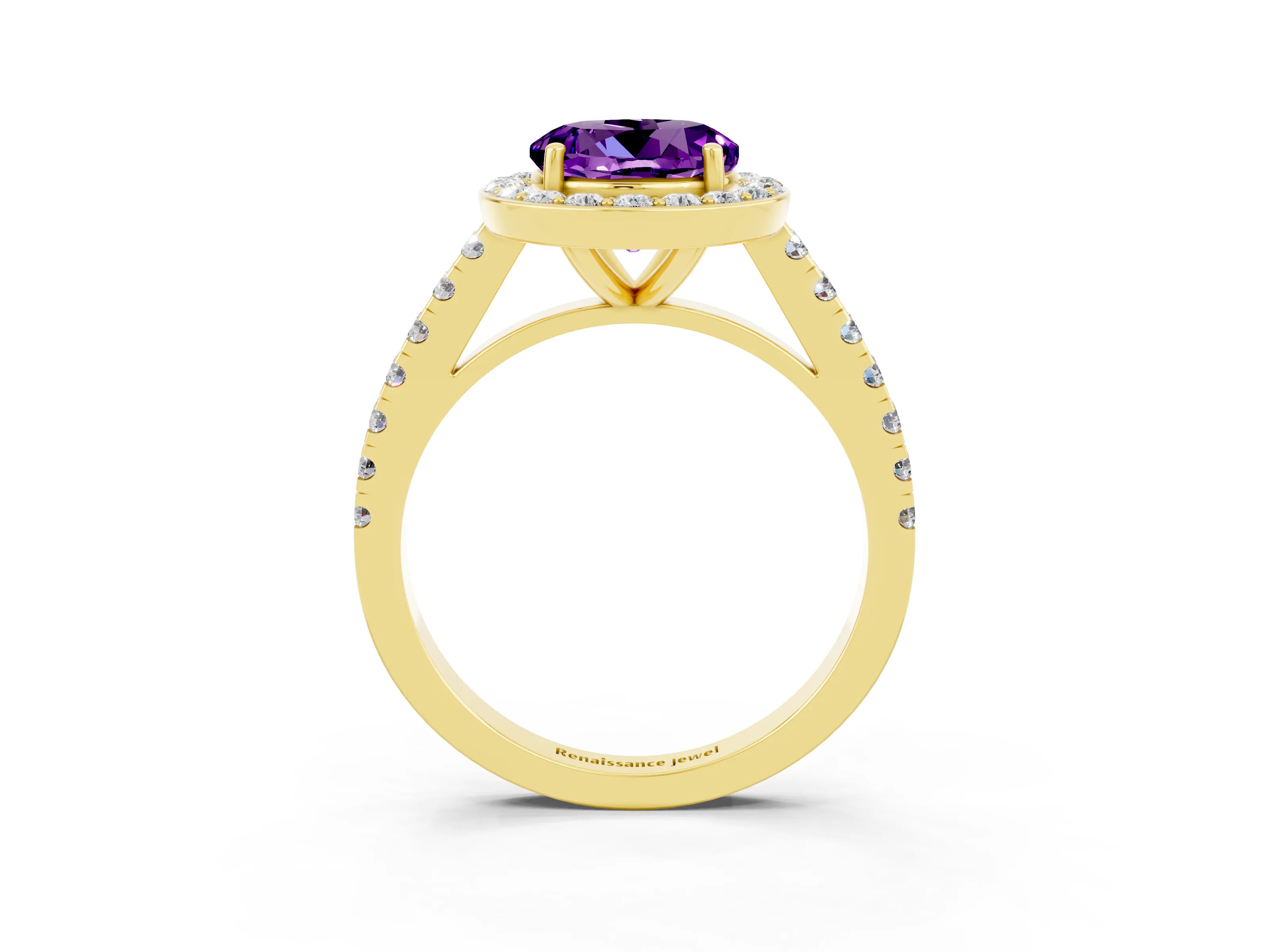 Yellow gold Round Cut Halo Diamond Ring with Pavé Band and Three-Prong Setting_3