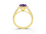 Yellow gold Round Cut Halo Diamond Ring with Pavé Band and Three-Prong Setting_3