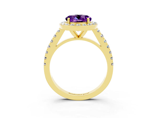 Yellow gold Round Cut Amethyst Halo Ring with Round Pavé Split Shank and Prong Setting