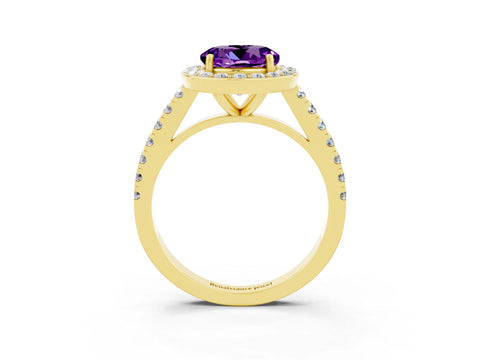 Yellow gold Round Cut Halo Diamond Ring with Pavé Band and Three-Prong Setting_3